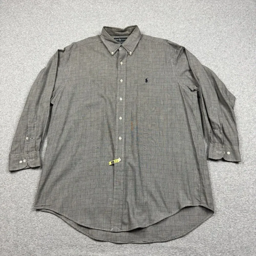 Vintage Polo Ralph Lauren Yarmouth Houndstooth‎ Plaid Shirt Men's 16.5 33 Black